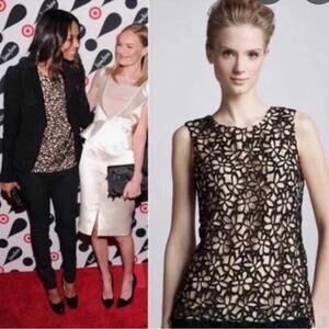 Lela Rose Neimen Marcus Target Sz M Tan Black Graphic Embellished Blouse Overlay